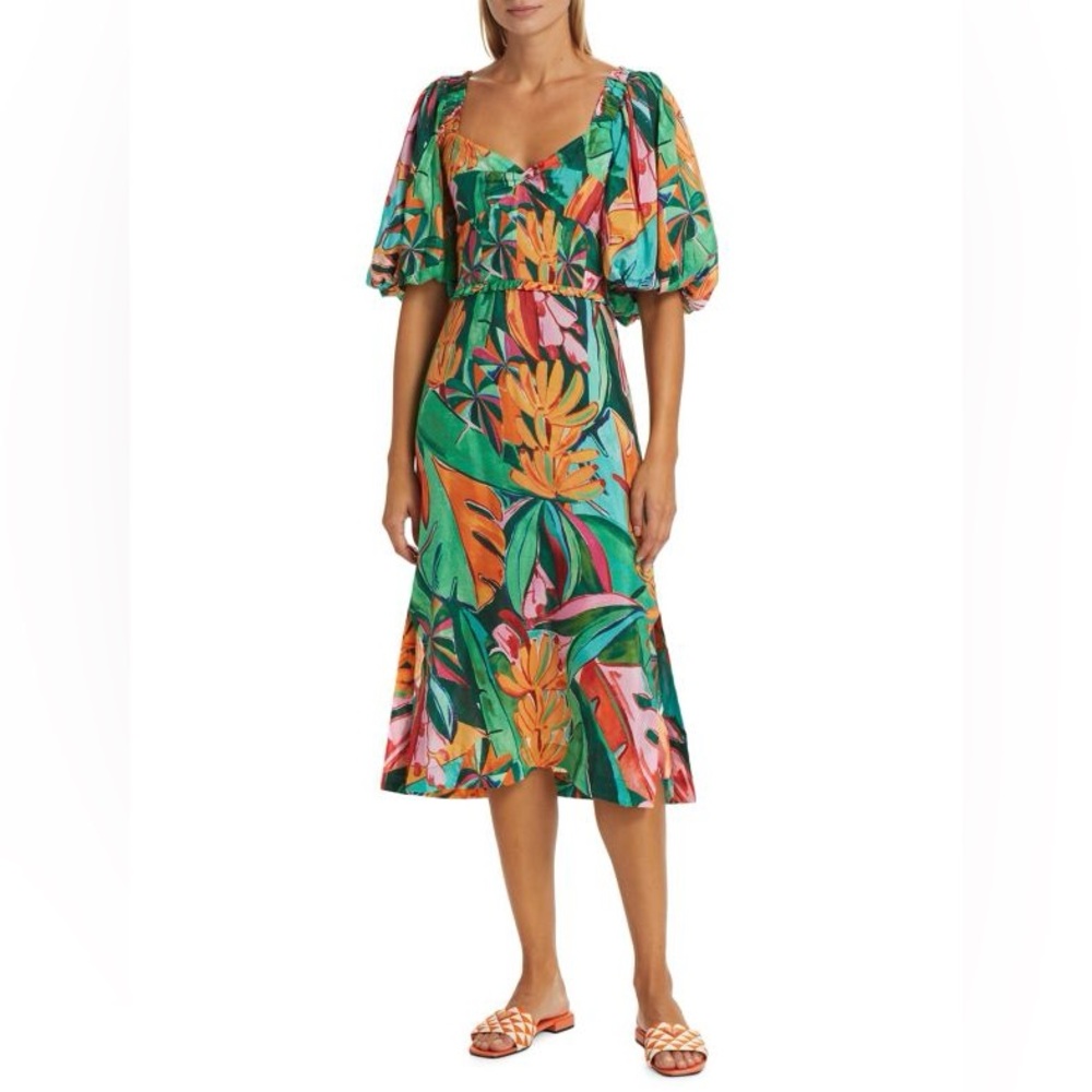 FARM Rio Tropical Puff Sleeve Banana Foliage midi-dress
